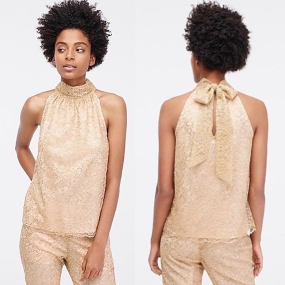 J.Crew Metallic Bow Tie Neck Lace Top M NWT